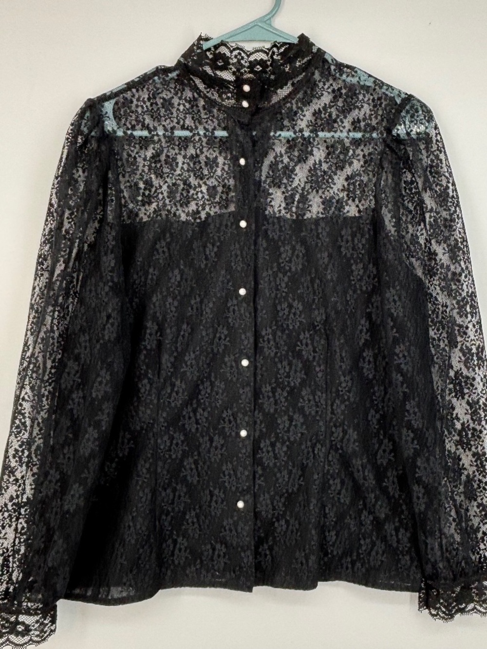 Notations Womens Size 14 Vintage Sheer Lace Top Black High Neck Fitted Long Slv